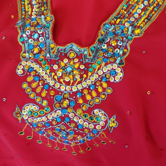 Red Ethnic Indian Tunic Top & Wide-Leg Pants Set Intricate Embroidery & Beading - Picture 6 of 11